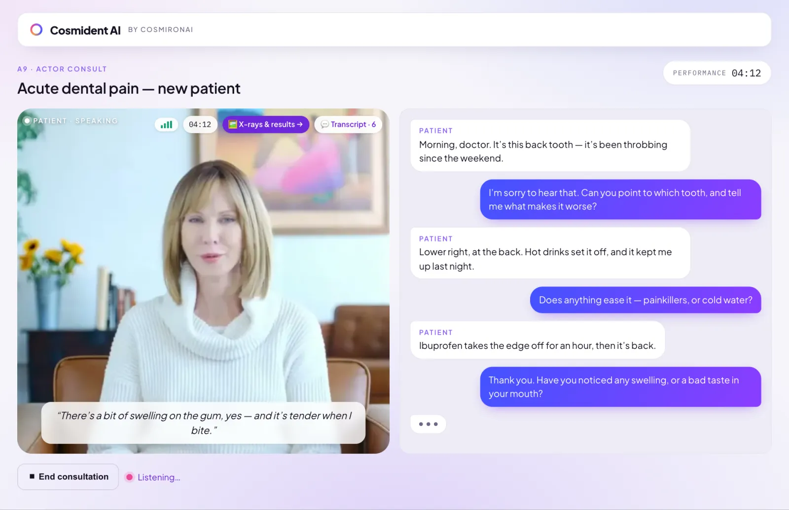Cosmident AI consultation screen: the AI patient on a video call beside the live transcript