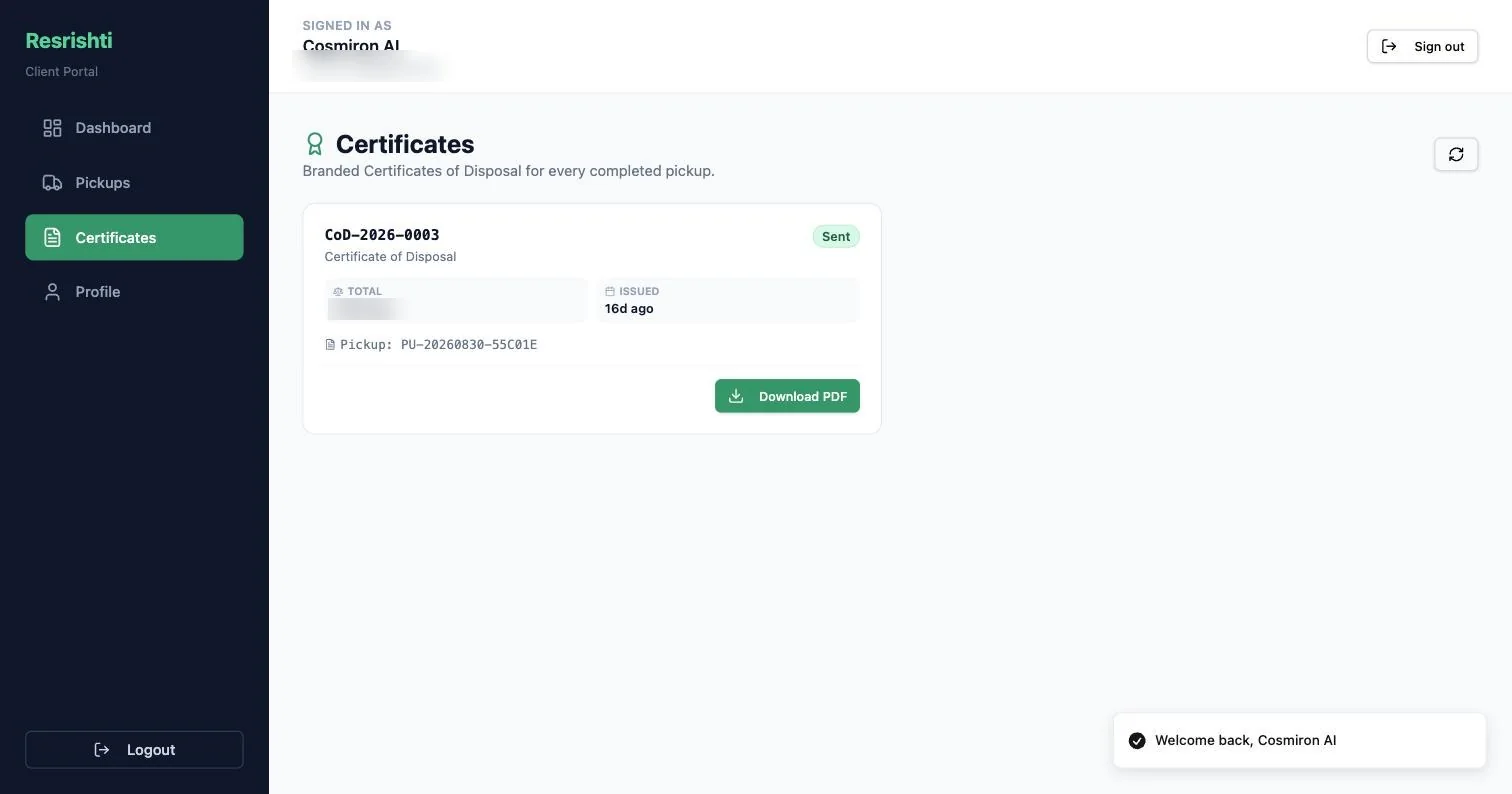 Certificate of Disposal card with a Download PDF button