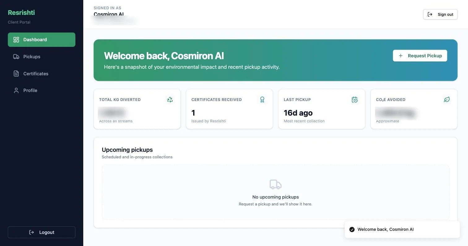 ReSrishti client portal dashboard with impact cards and upcoming pickups