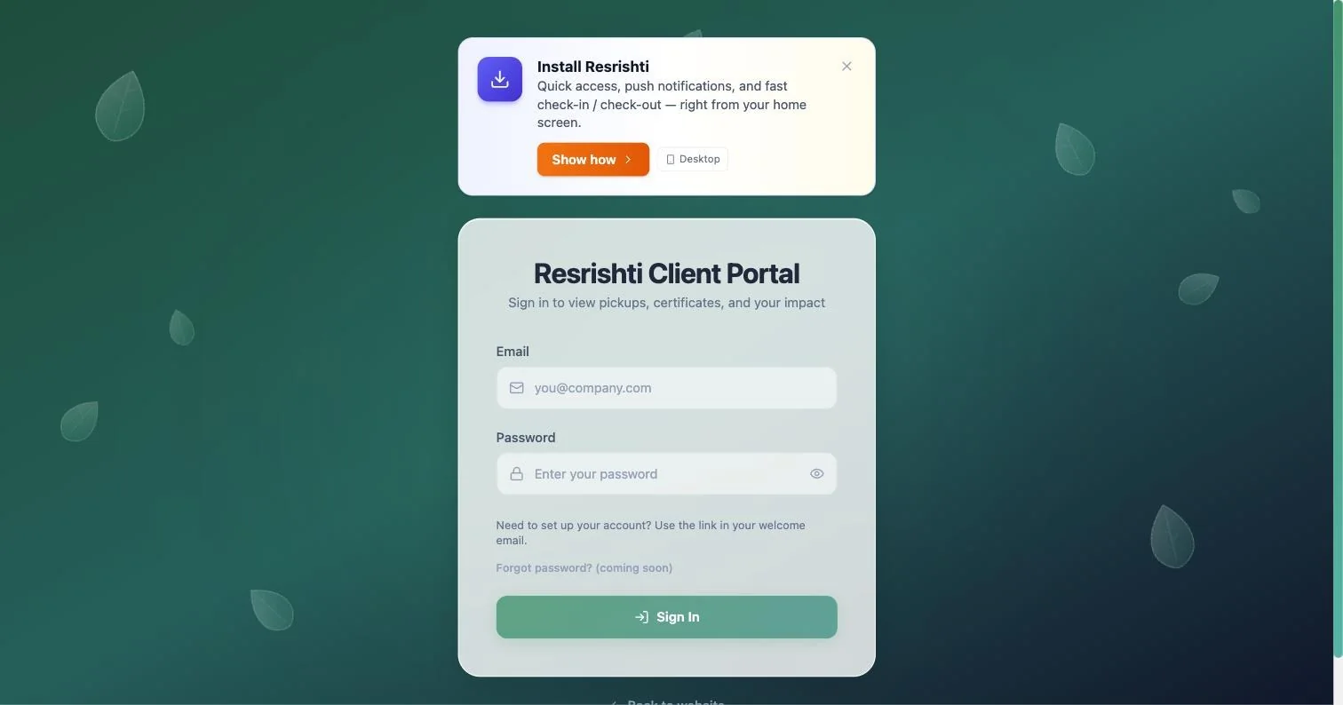 ReSrishti client portal sign-in with an install-app prompt