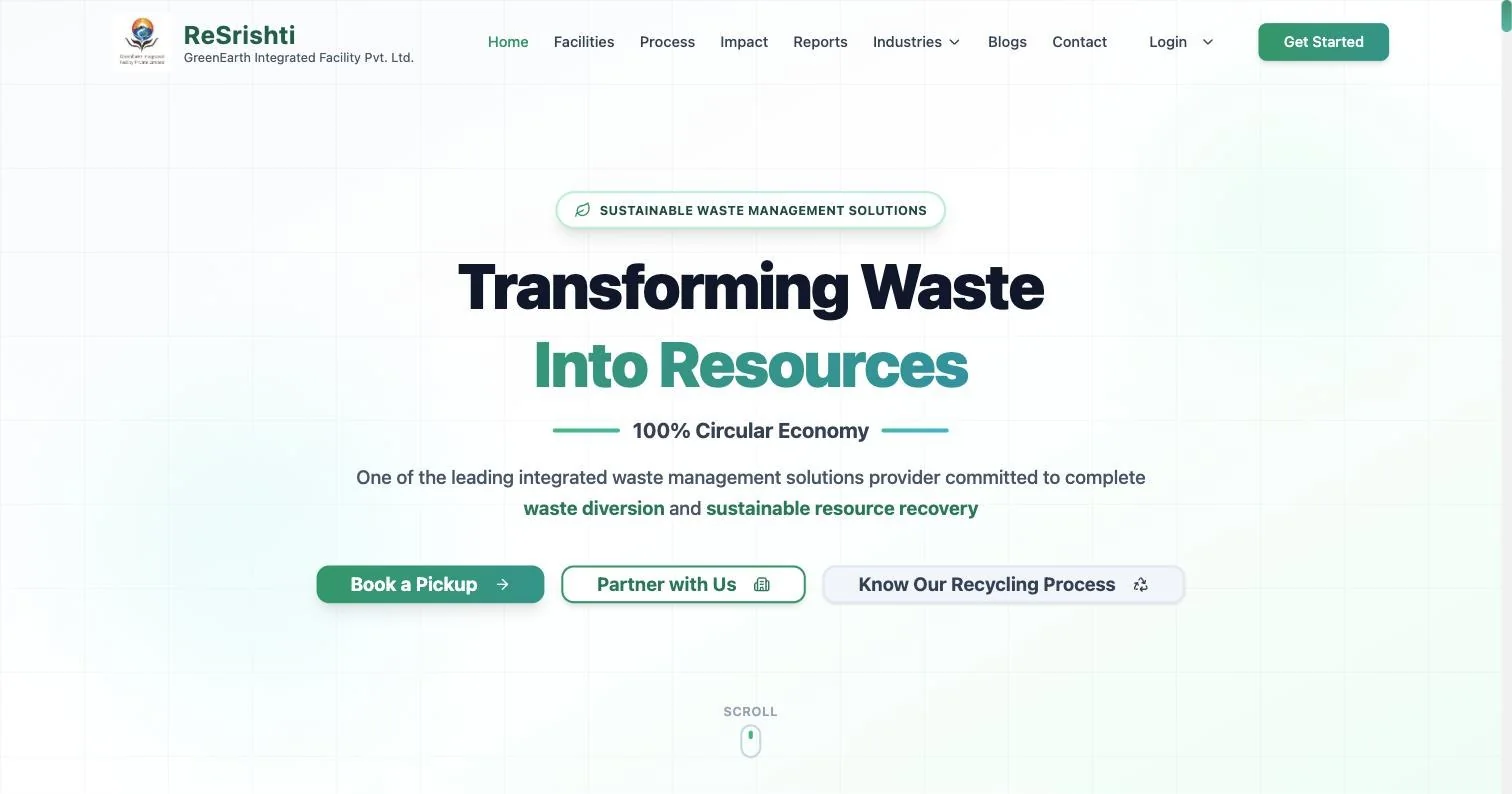 ReSrishti public website homepage: Transforming Waste Into Resources, with Book a Pickup and Partner with Us buttons